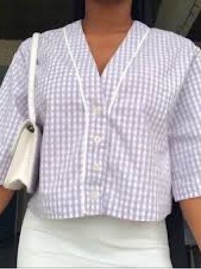 ZARA Purple & White Gingham Check Boxy Button Up Top, Size Small NWOT